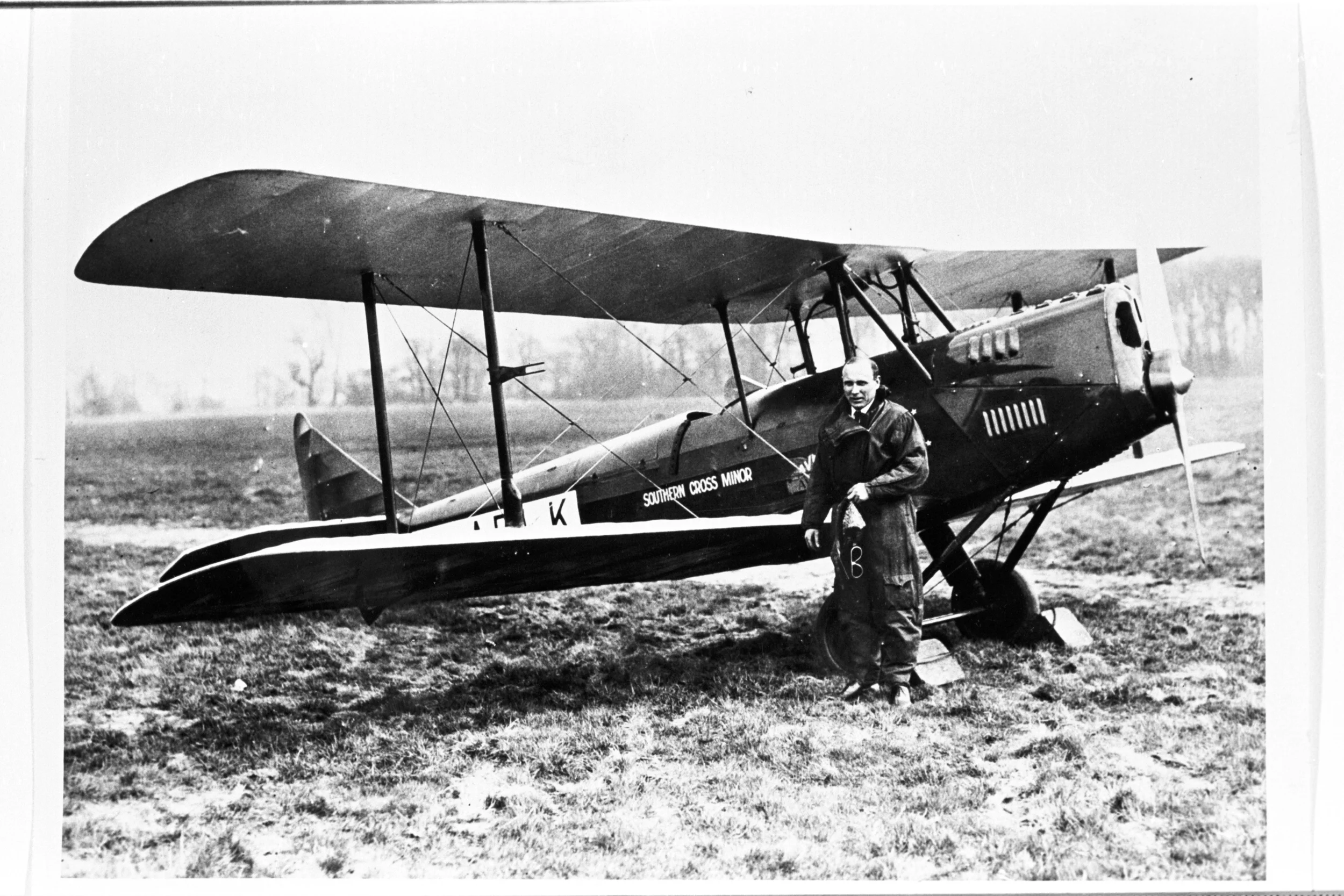 Bill Lancaster next to his Avro Avian 'Southern Cross Minor'